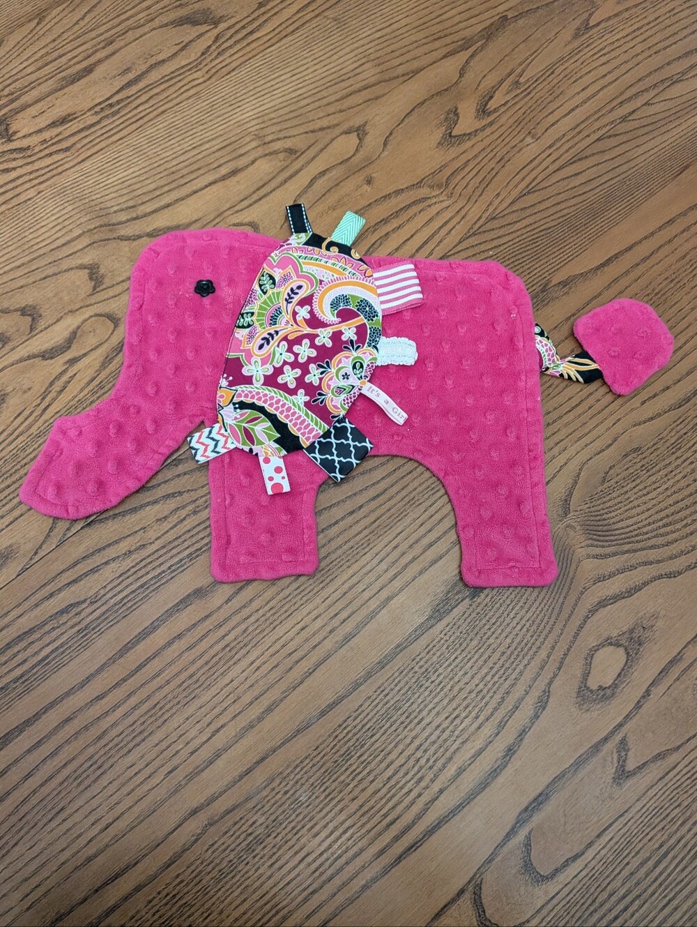 Pink Elephant Sensory Tag Toy Security Blanket Lovey. Flat - Soft Plush Comfort.
